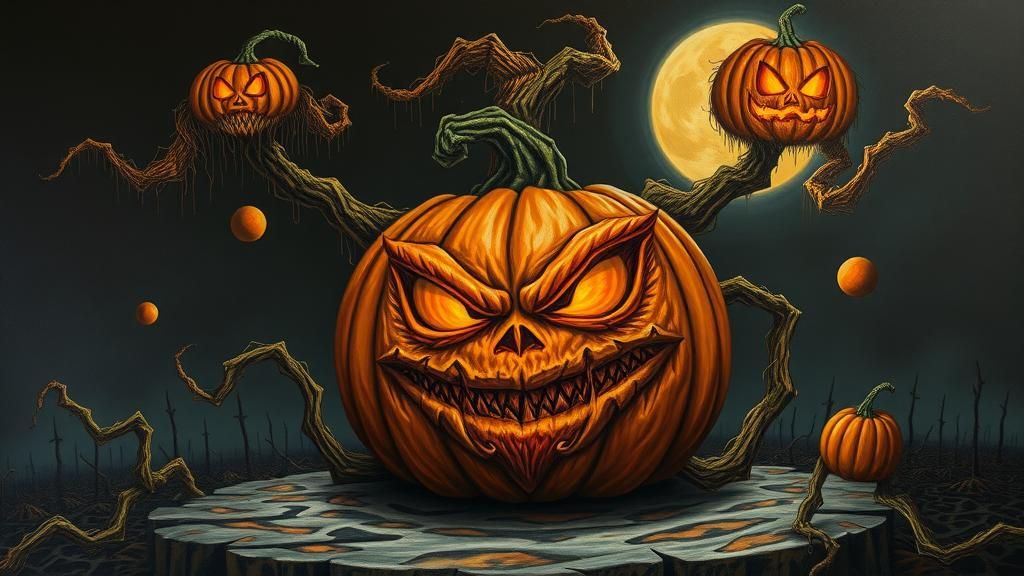 Grimacing Pumpkin in Dystopian Surrealist Landscape