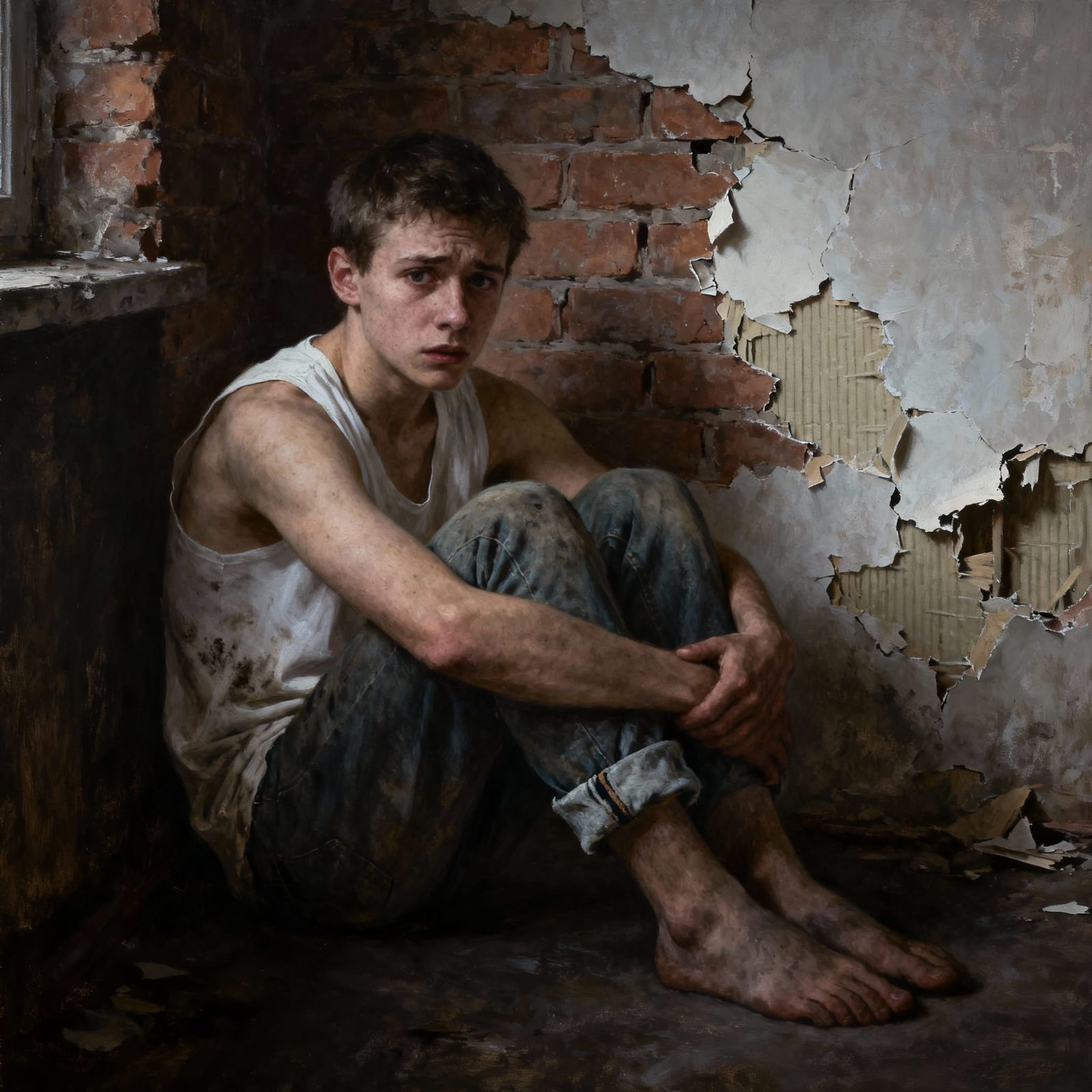 Worried Young Man in Dimly Lit Corner, Hyperrealistic Style