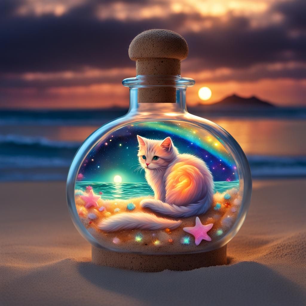 Sparkling Kitty with Message on Sunset Beach