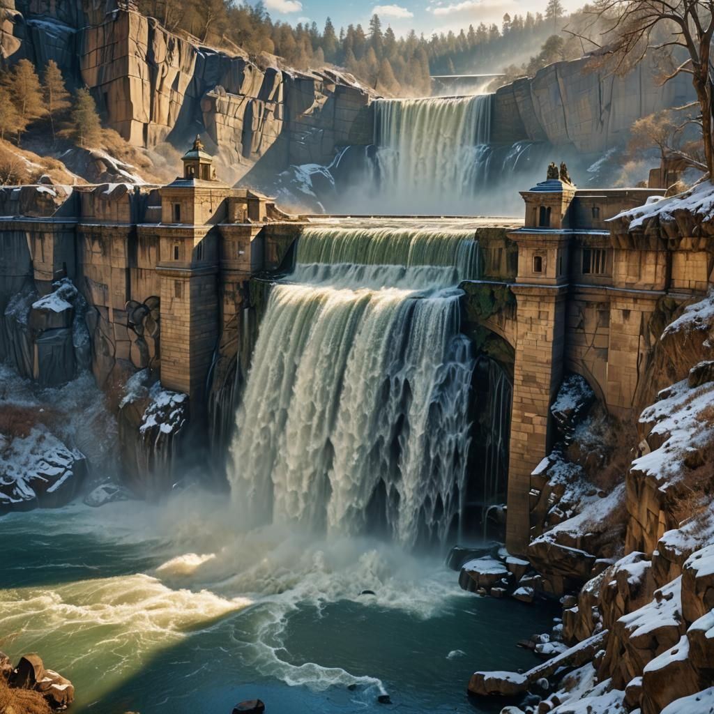 Dramatic Dam Release in Winter Light