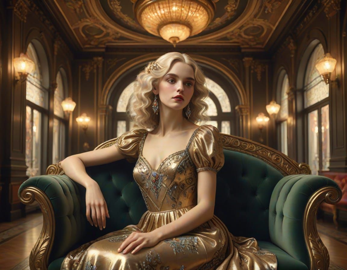 Woman in Opulent Art Nouveau Setting, Digital Art