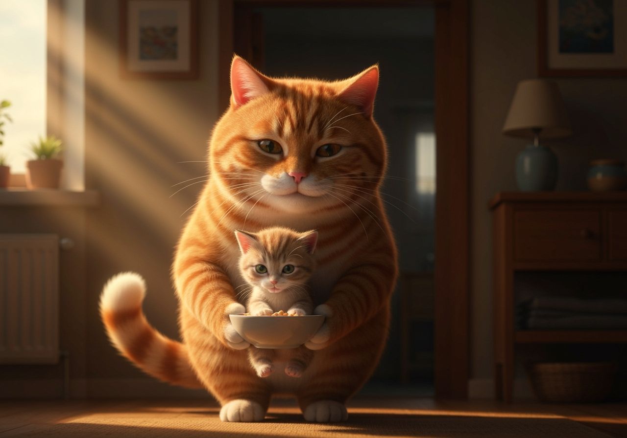 Kind Cat Cares for Kitten in Golden Hour Light