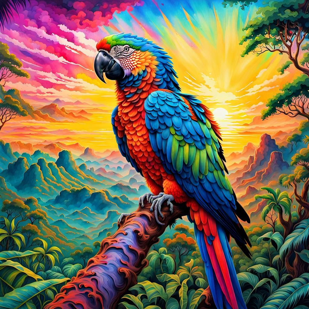 Macaw Parrot Portrait over Jungle, Fantasycore Watercolor