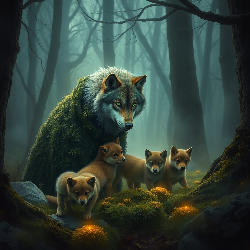 Wolf Guardian Spirit and Pups in Misty Forest