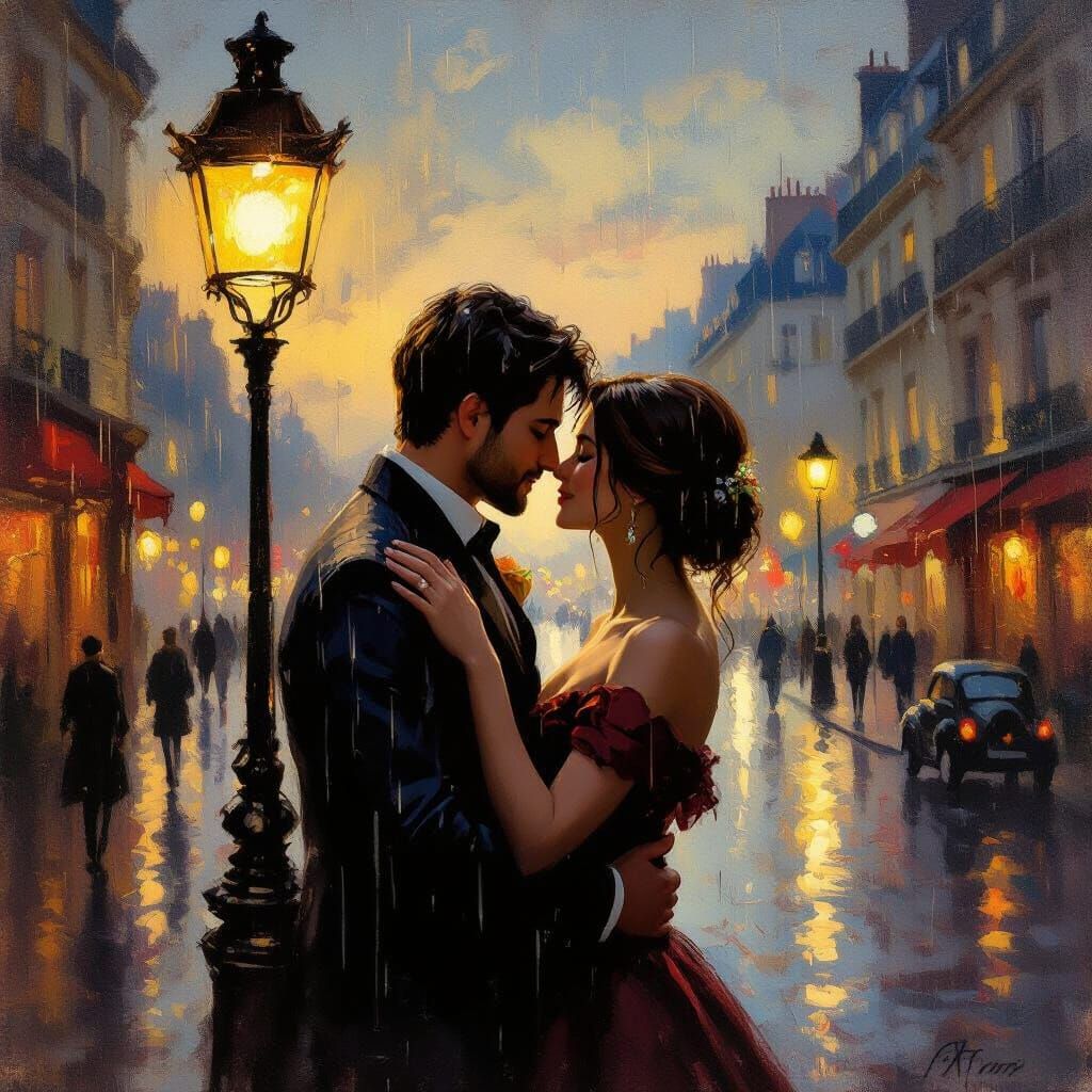 Romantic Parisian Couple Near Kiss Under Streetlamp