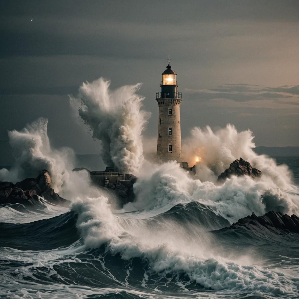 Lighthouse and Rough Sea at Night