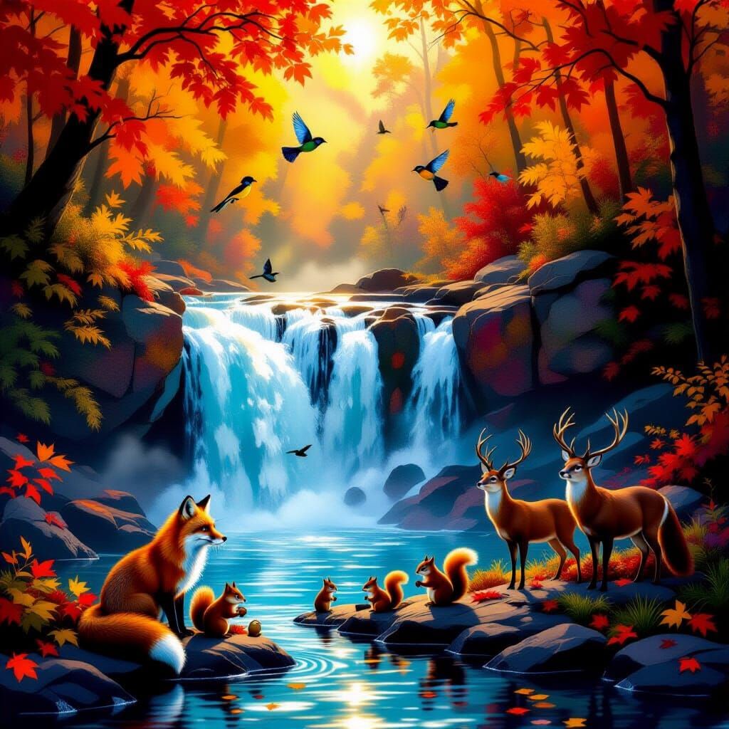 Majestic Waterfall in Fiery Autumn Forest