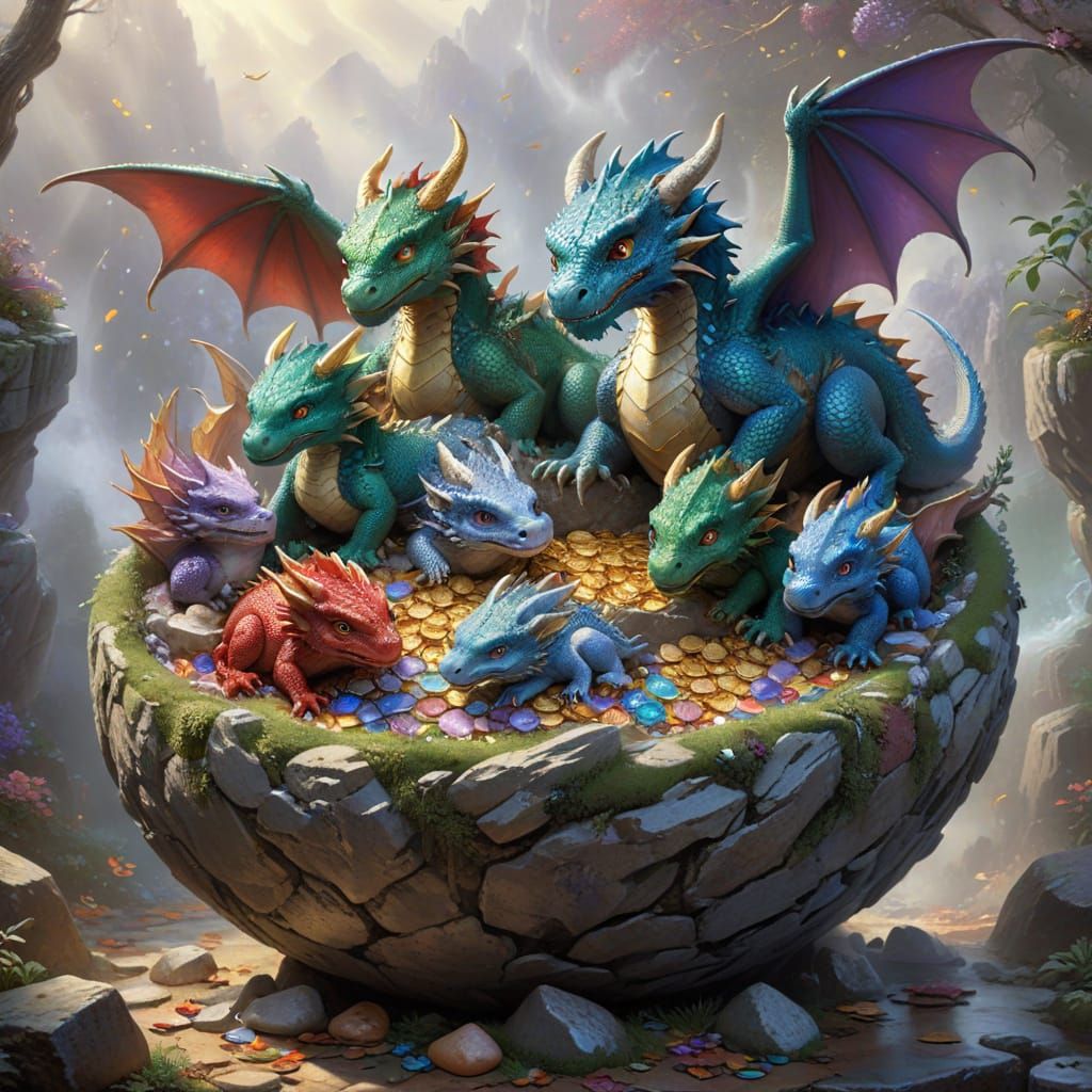 Fantasy Dragons in a Golden Rock Bowl