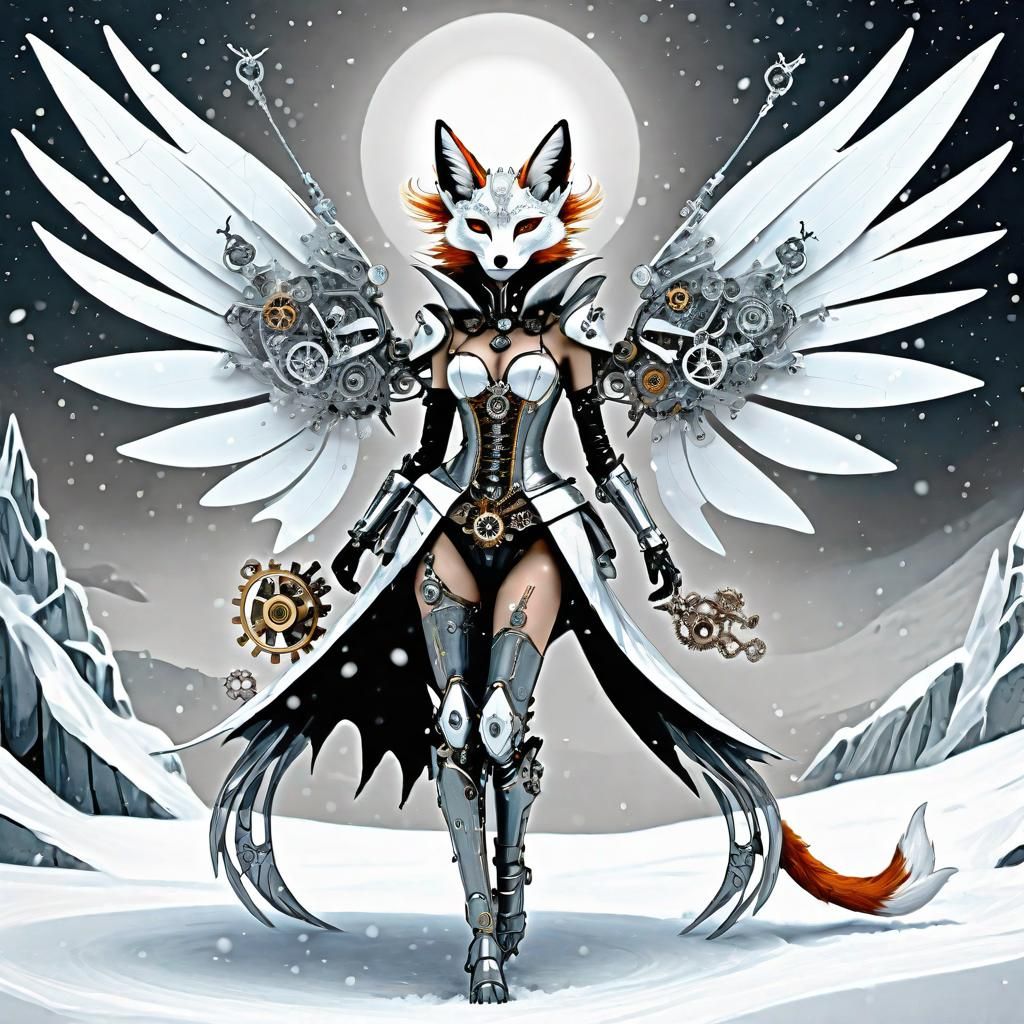 Hypereealistic, Steampunk Aether powered ,winged fox kitsune mecha, Crystal ice mecha, Unseelie Foxes at play in the ...