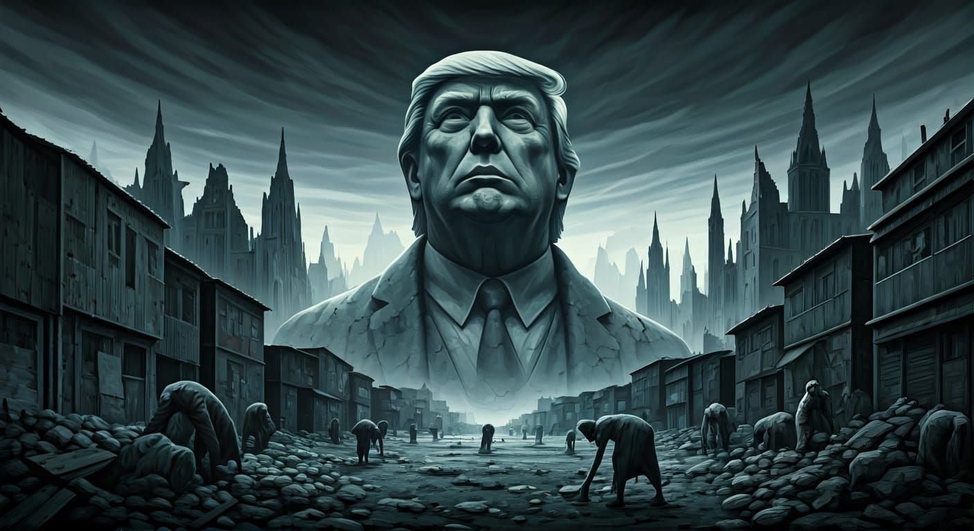 Gothic Trump Statue Towers Over Desolate Post-Apocalyptic Sl...