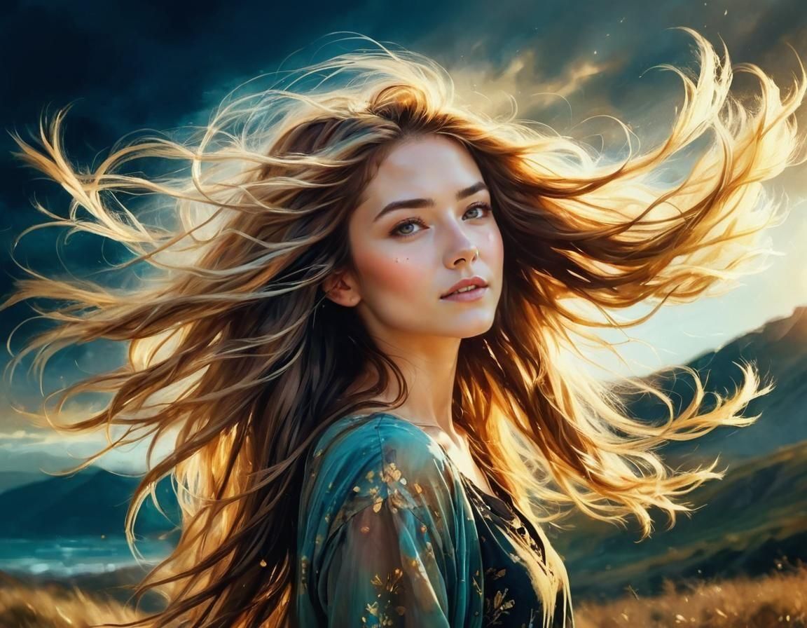 Windblown Woman Portrait in Klimt Style