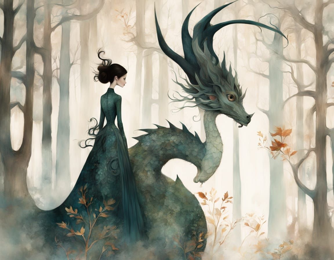 Majestic Dragon Amidst Ancient Trees in Folk Art Style