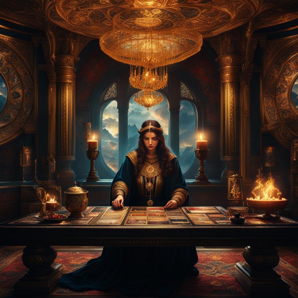 Dramatic Tarot Card Reading in Digital Painting Style
