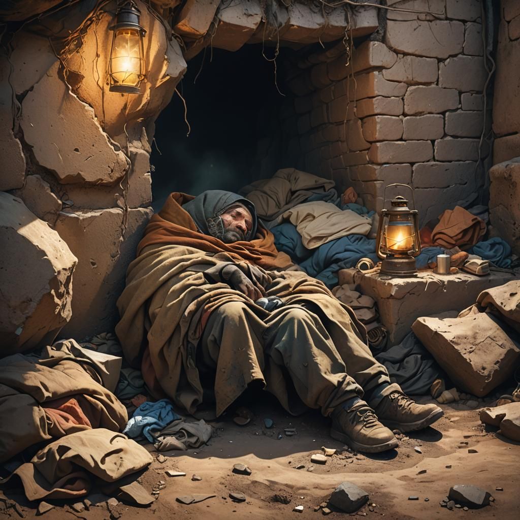 A homeless person sleeping under some filthy rags in a cramped hole in the ground