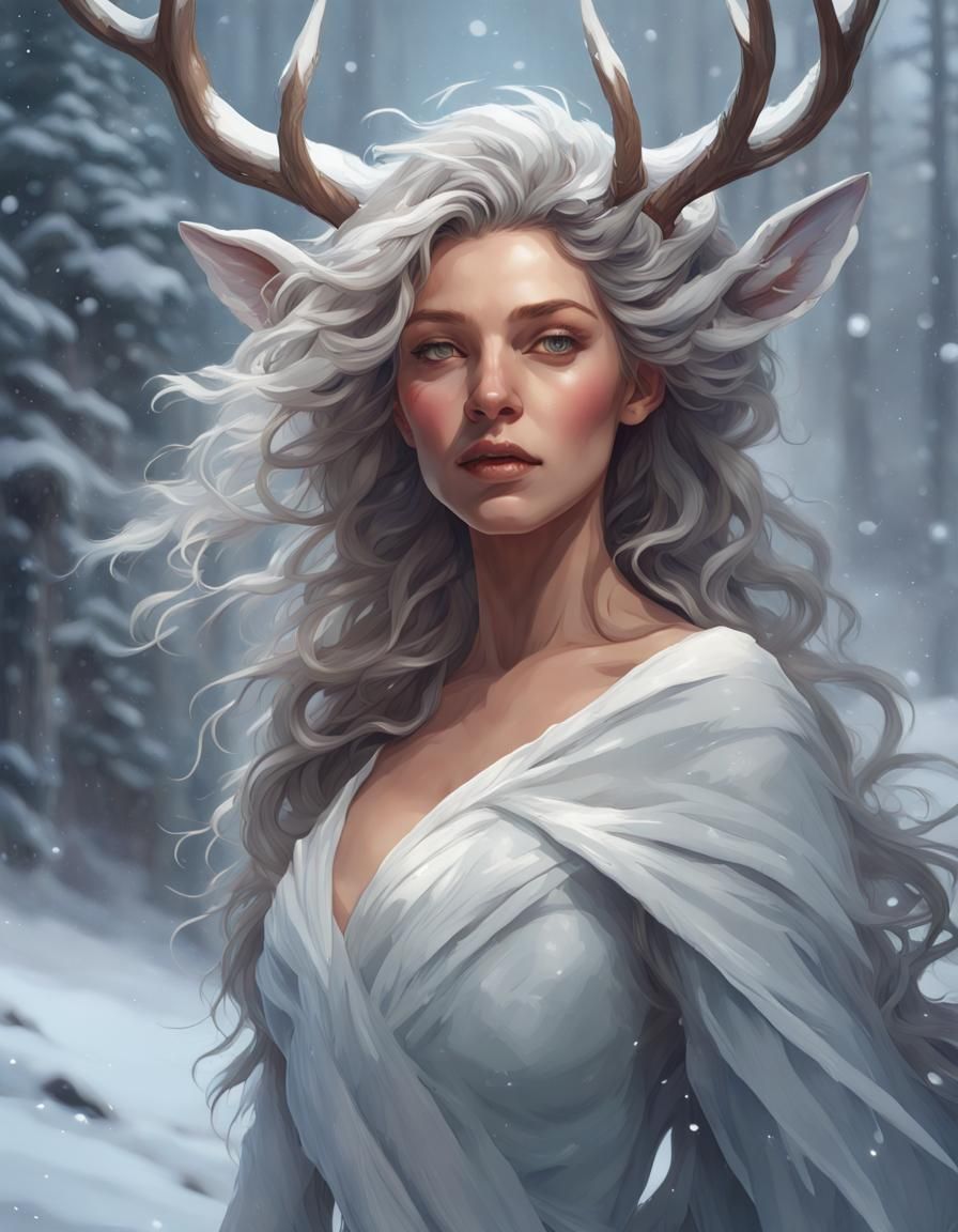 Snow Queen Rides a Stag in Hyperdetailed Portrait