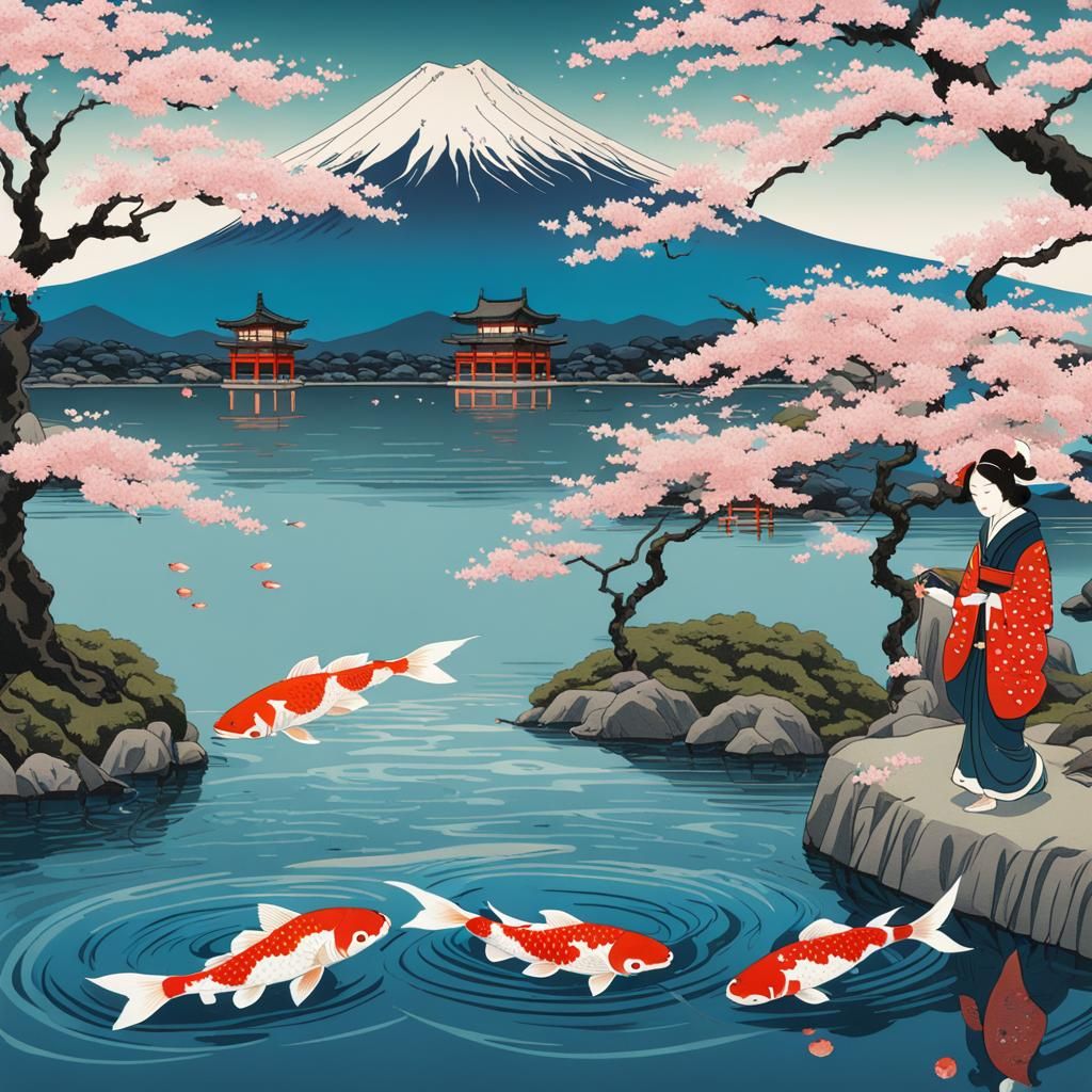 Japanese Couple at Waters Edge: Ukiyo-e Style