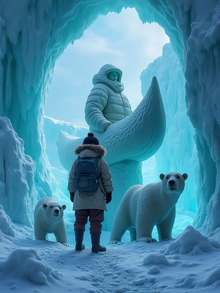 Inuit Master Carver Shaping Soapstone Sculpture on Arctic Ic...