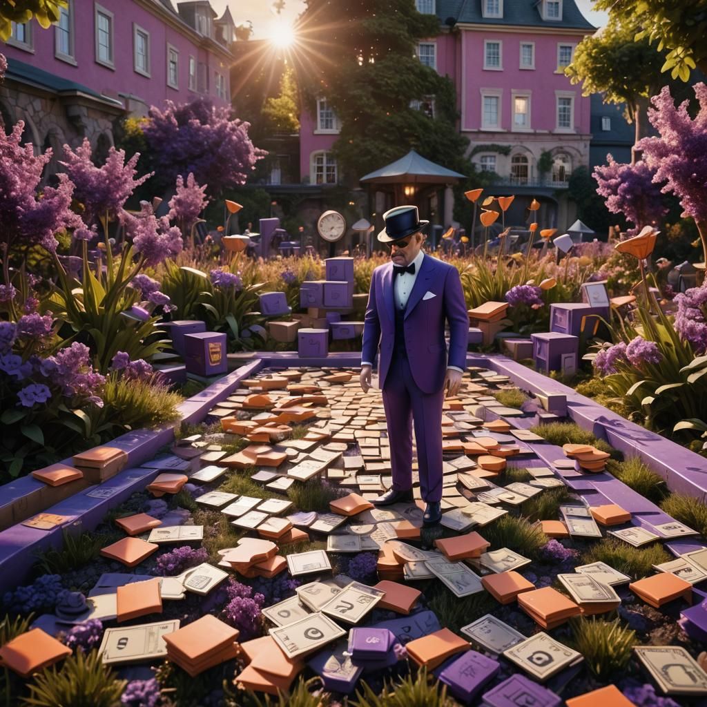 Monopoly Pieces in a Purple Garden, Digital Painting