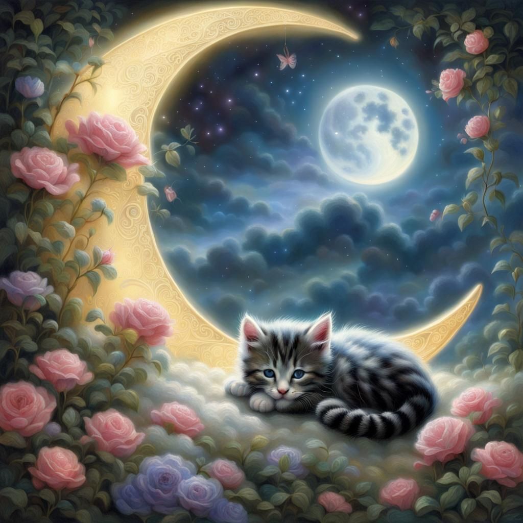 Kitten Sleeping in Crescent Moon Fantasy Art