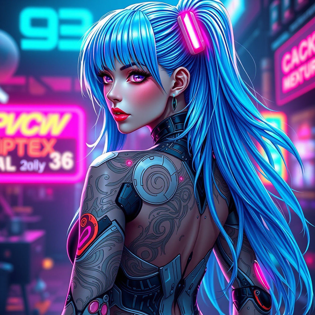 Cyberpunk Fembot with Blue Hair in Anime Style