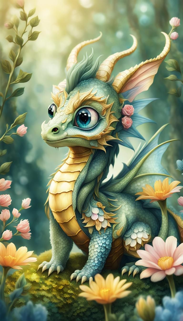 Analog Style, Close Up Cute And Adorable Forest Dragon, hier...
