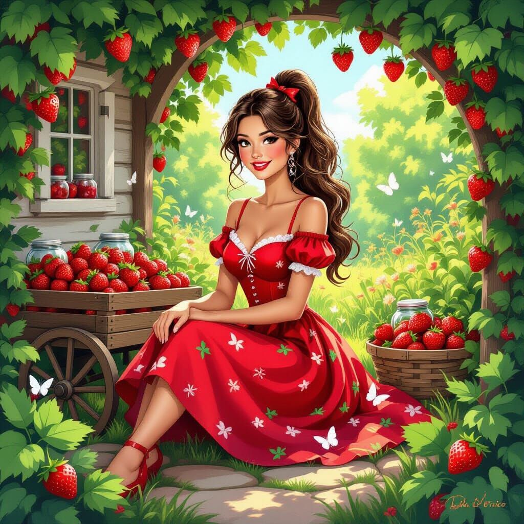 Strawberry Garden: Brunette Woman in Airbrush Oil Painting