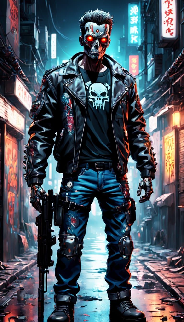 Cyberpunk T-800 Terminator in Kawaii-Style