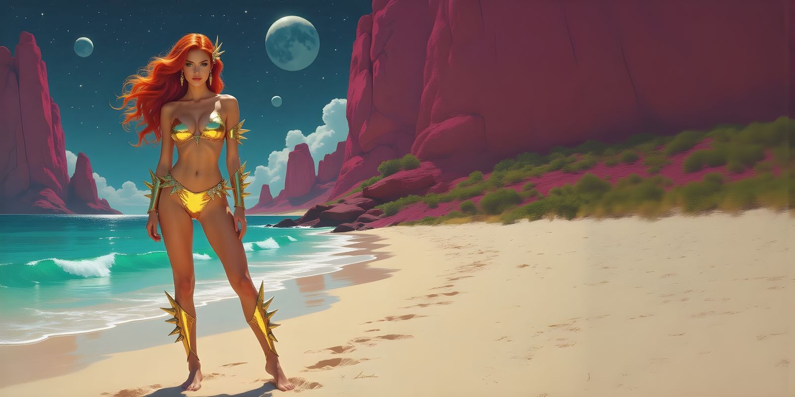 Woman in Diamond Spiked Bikini on Alien Beach