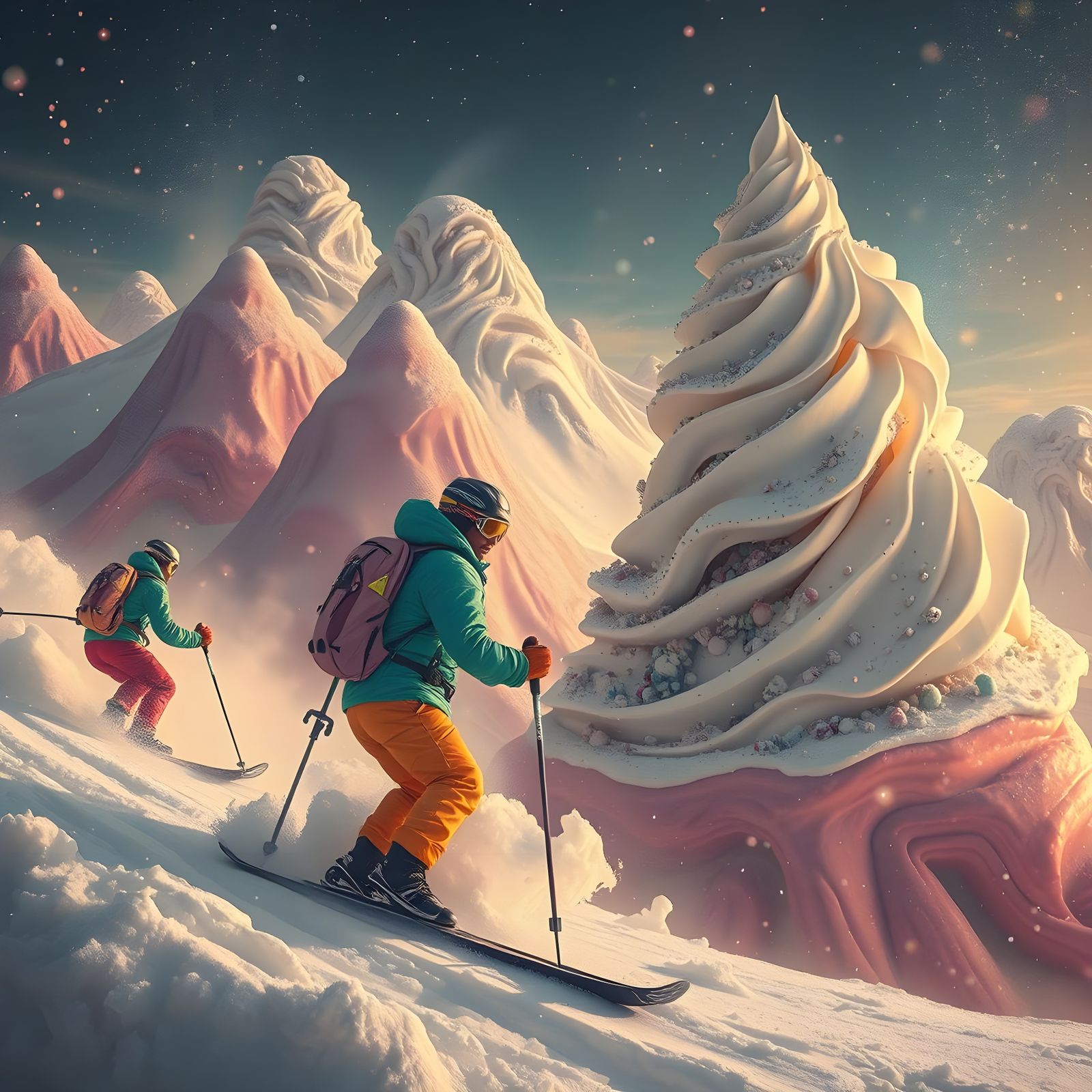 Skiers on Ice Cream Mountains in Dreamlike Futuristic Style