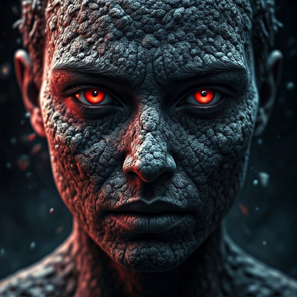 Moody, Ash-Composed Portrait with Glowing Red Eyes
