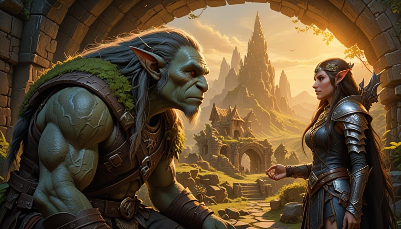 Troll and Elf Discuss in Ruins of Ancient Dwarven Civilizati...