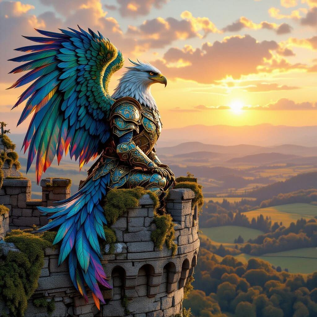 Majestic Griffin on Ancient Castle at Sunset