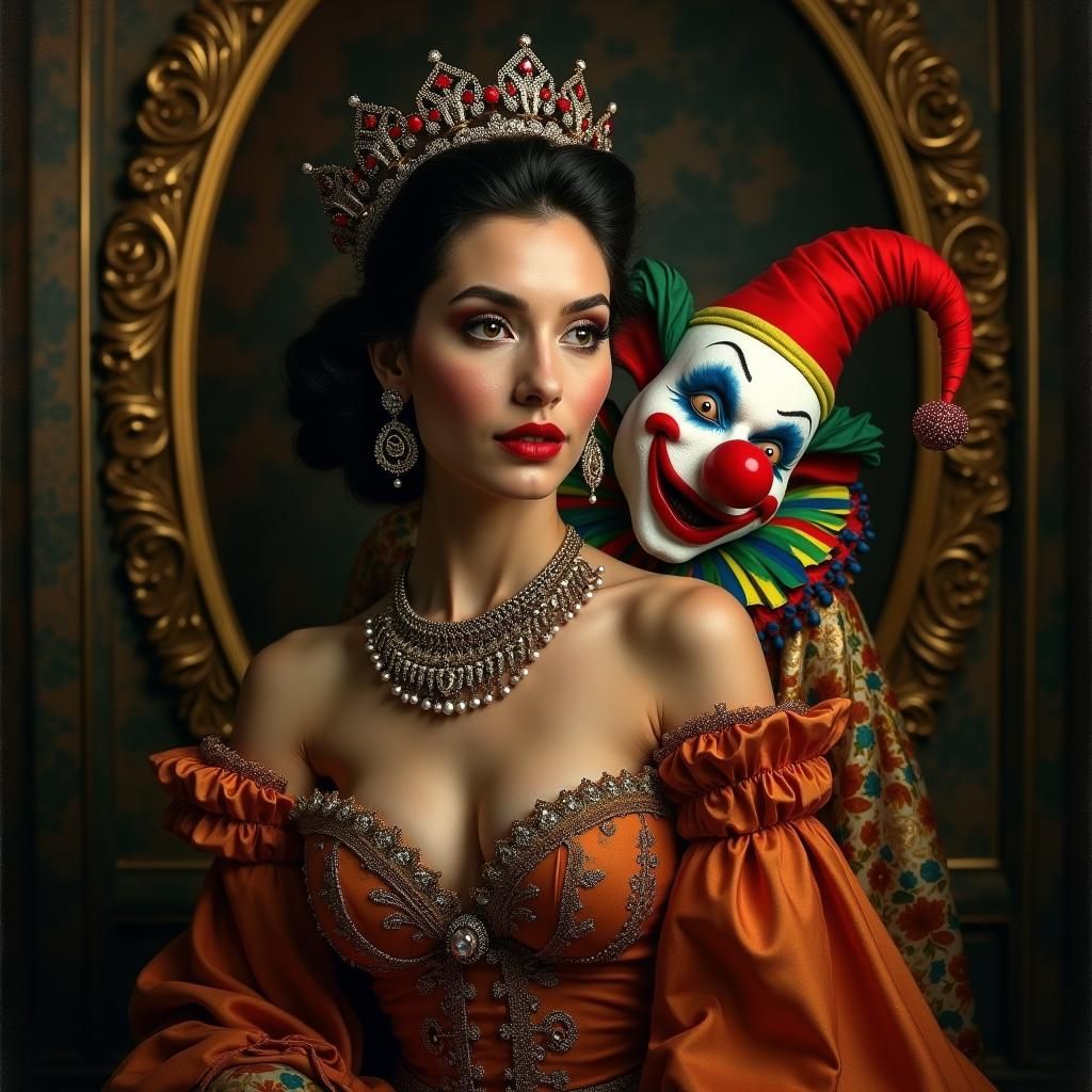 Elegant Woman's Portrait Crashed by a Clown
