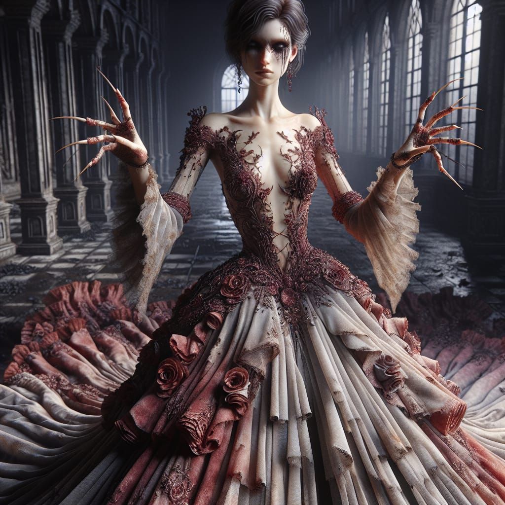 Elegant Woman in Decaying Castle, Digital 3D Art