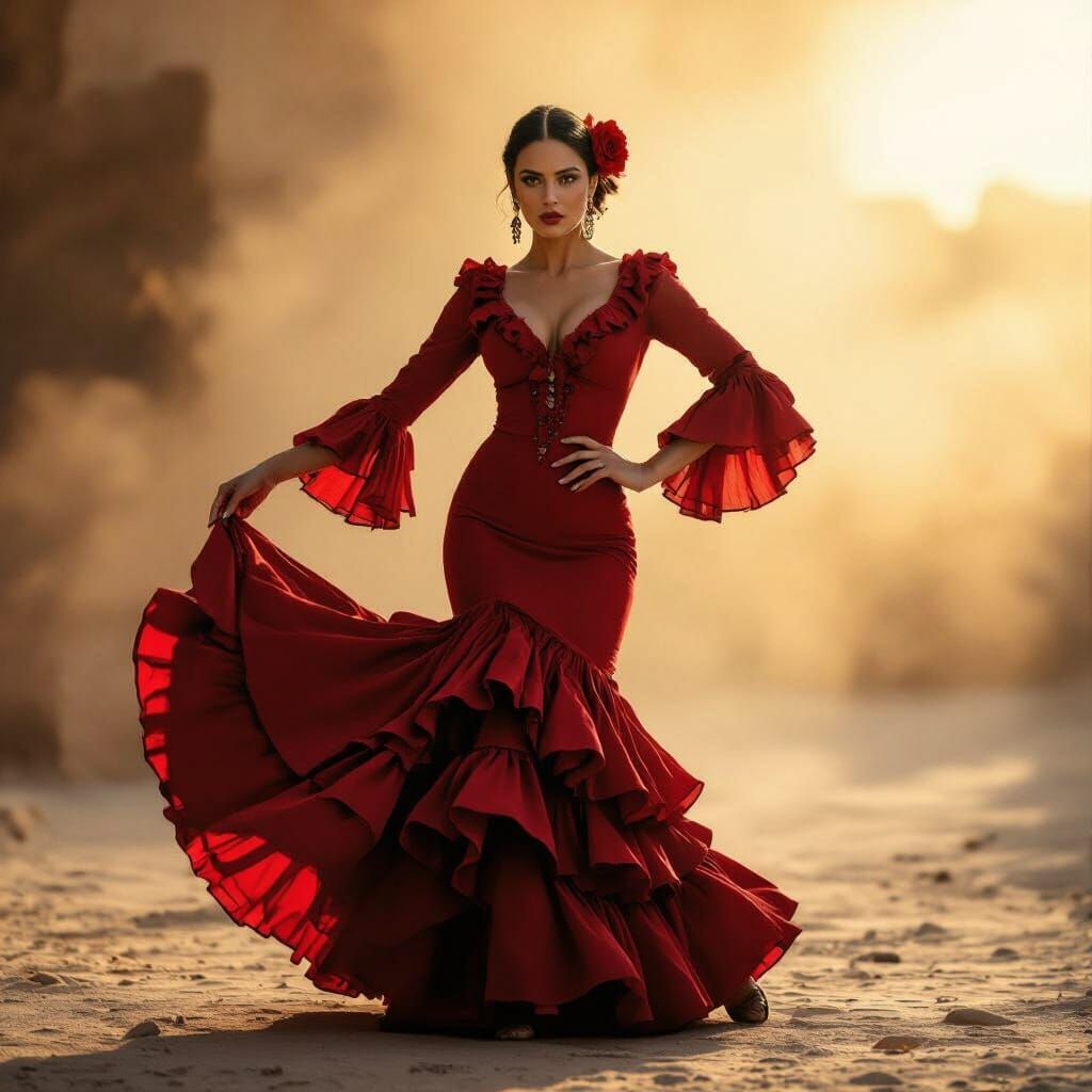 Flamenco Dancer in Red Dress with Rose, Spanish Style