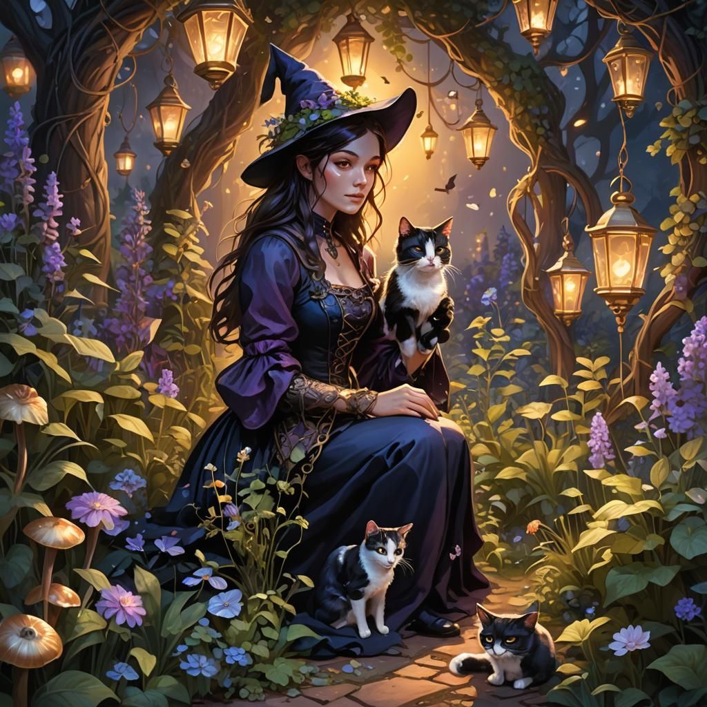 Magical Garden Witch with Cat, Fantasy Concept Art