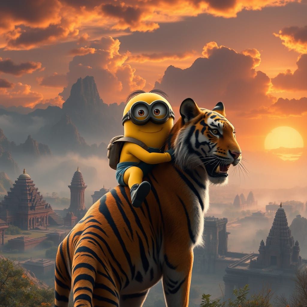 Majestic Minion Tiger Ride in a Futuristic Ancient Landscape