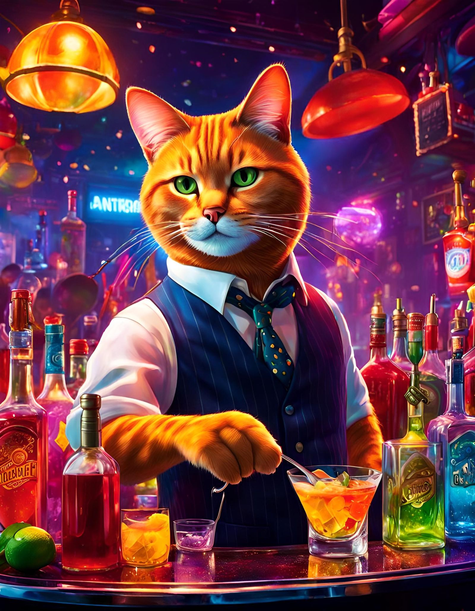 Cat Bartender in Nightclub: Hyperrealistic Portrait