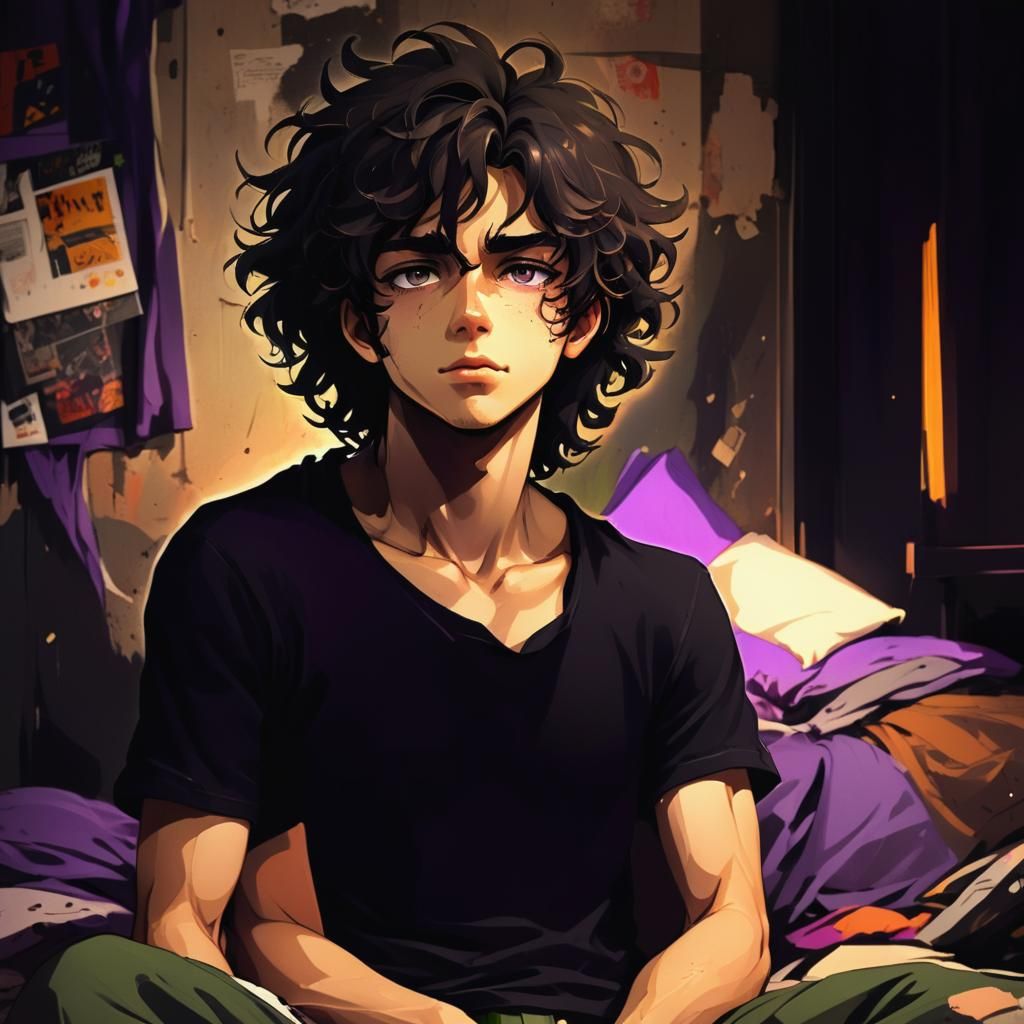 Mysterious Young Man, Cel-Shaded in Deep Purple Hues