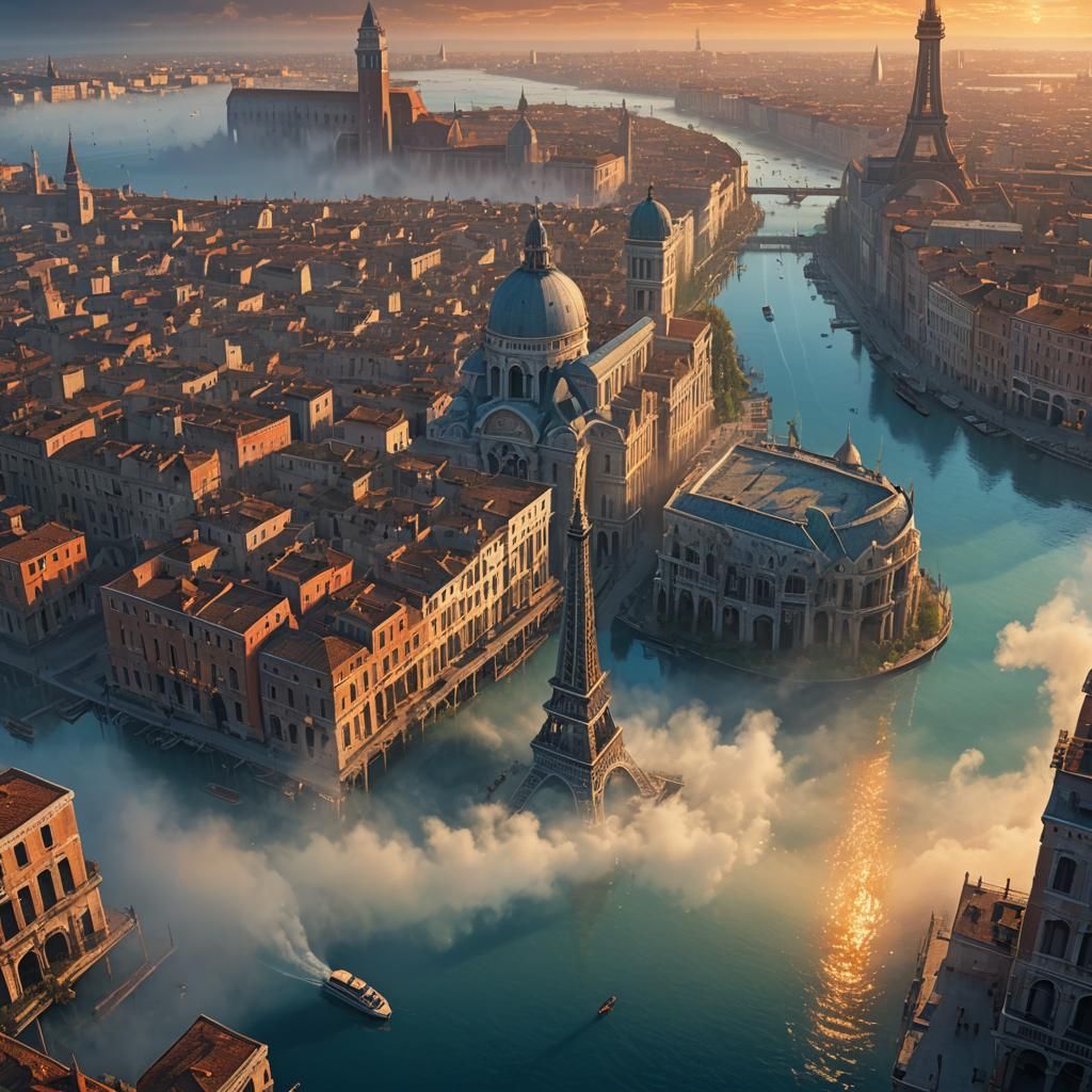 Fantastical Cityscape Matte Painting with Eiffel Tower