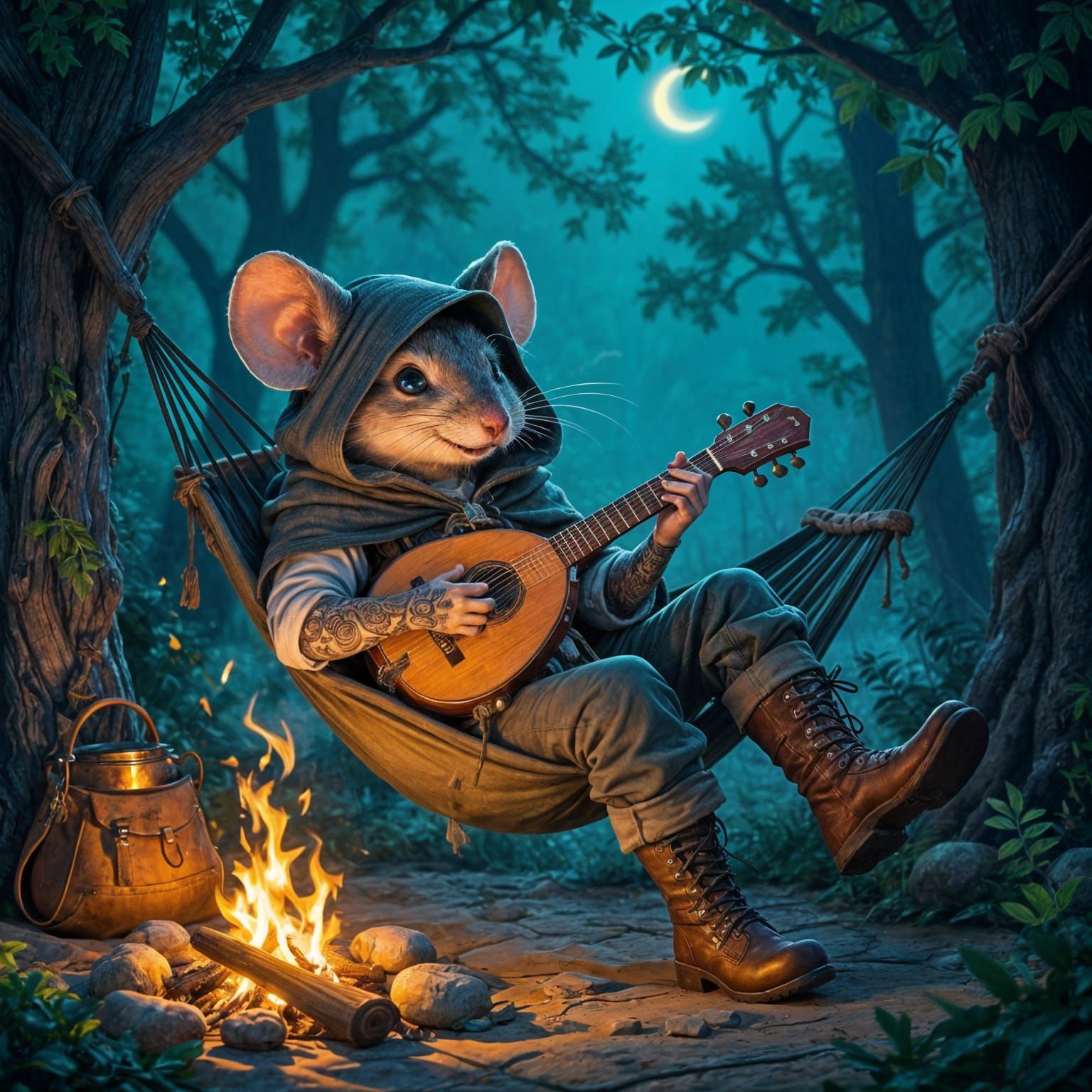 Mouse Musician in Forest Hammock, Ethereal Fantasy Art
