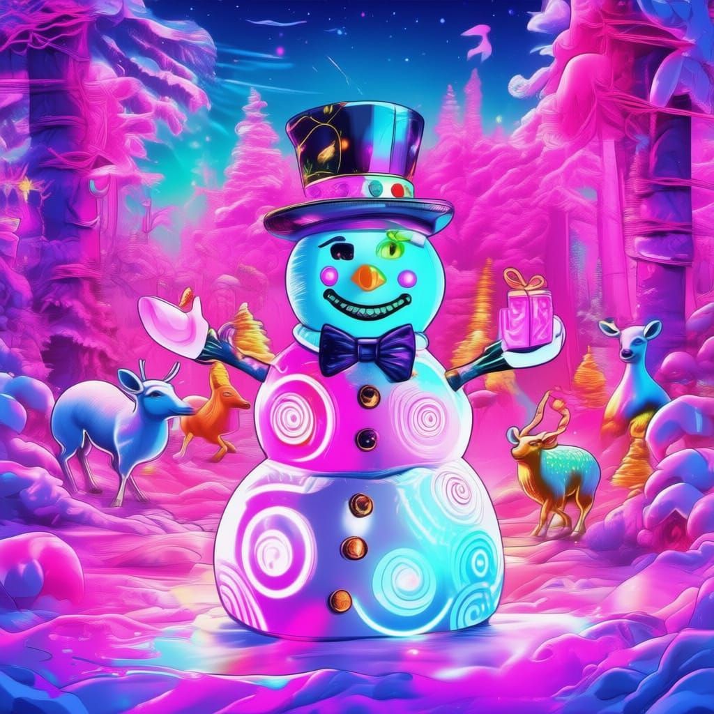 Psychedelic Snowman in Neon Forest