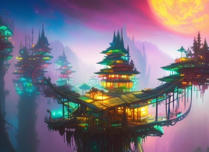 Cyberpunk Treehouse Above Glowing Lake