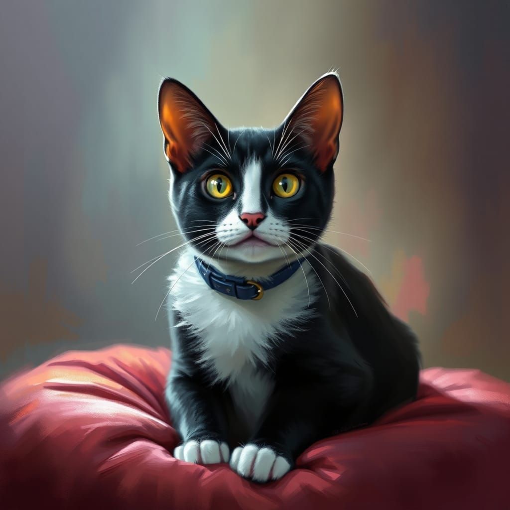 Mystic Tuxedo Cat Portrait in Digital Painting Style