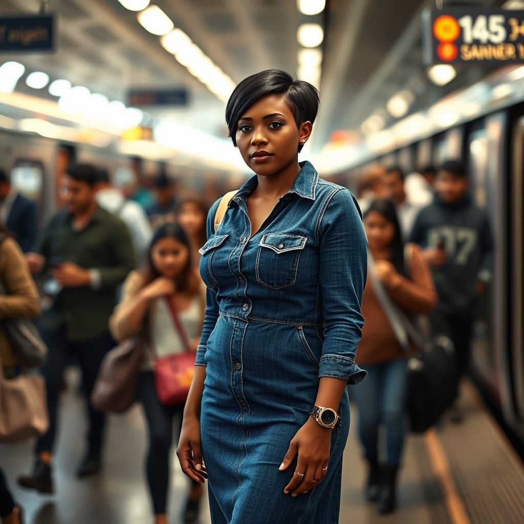 Elegant Woman Posed in Train Station, Captured in Photoreali...