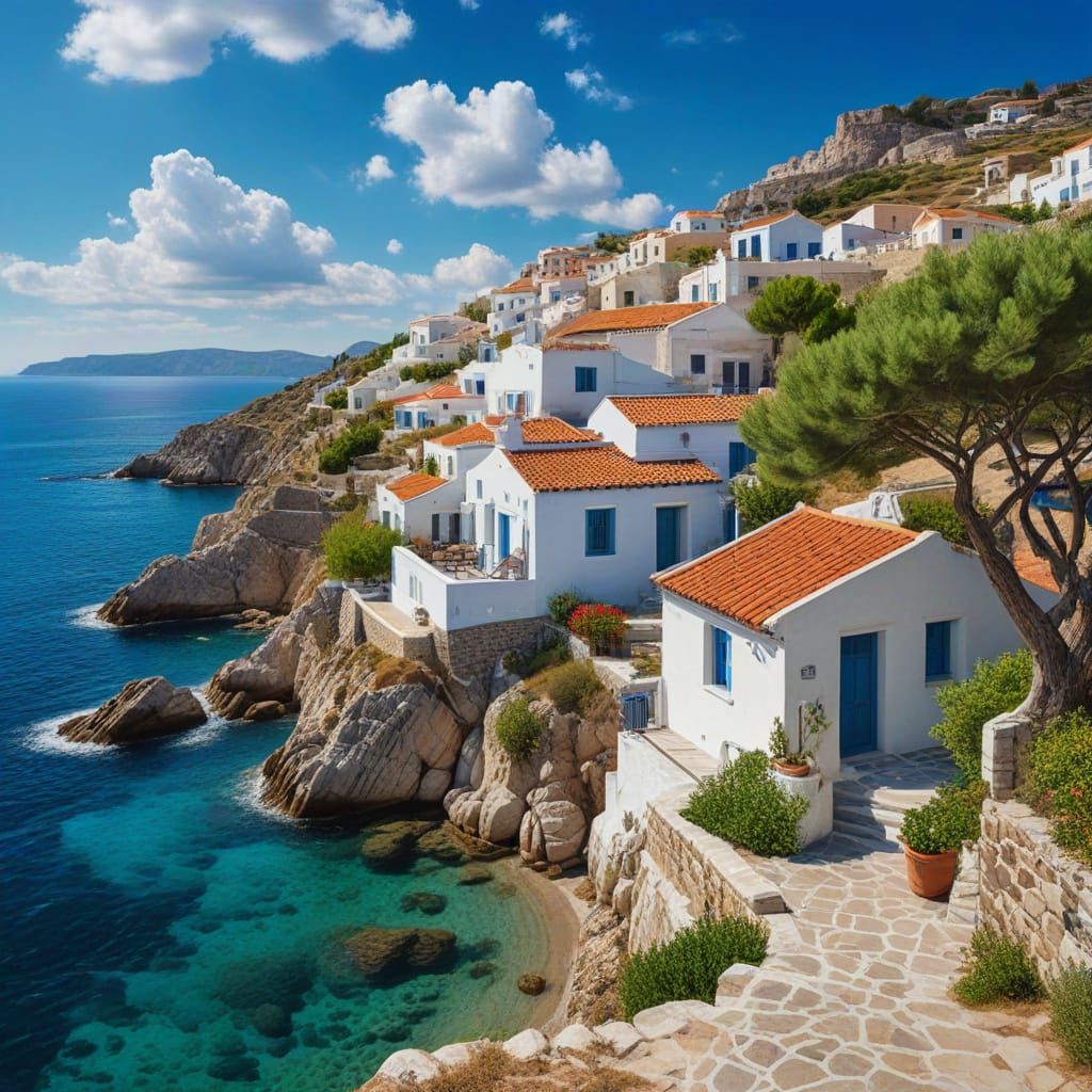 Greek Village by the Sea in Idyllic Landscape Painting