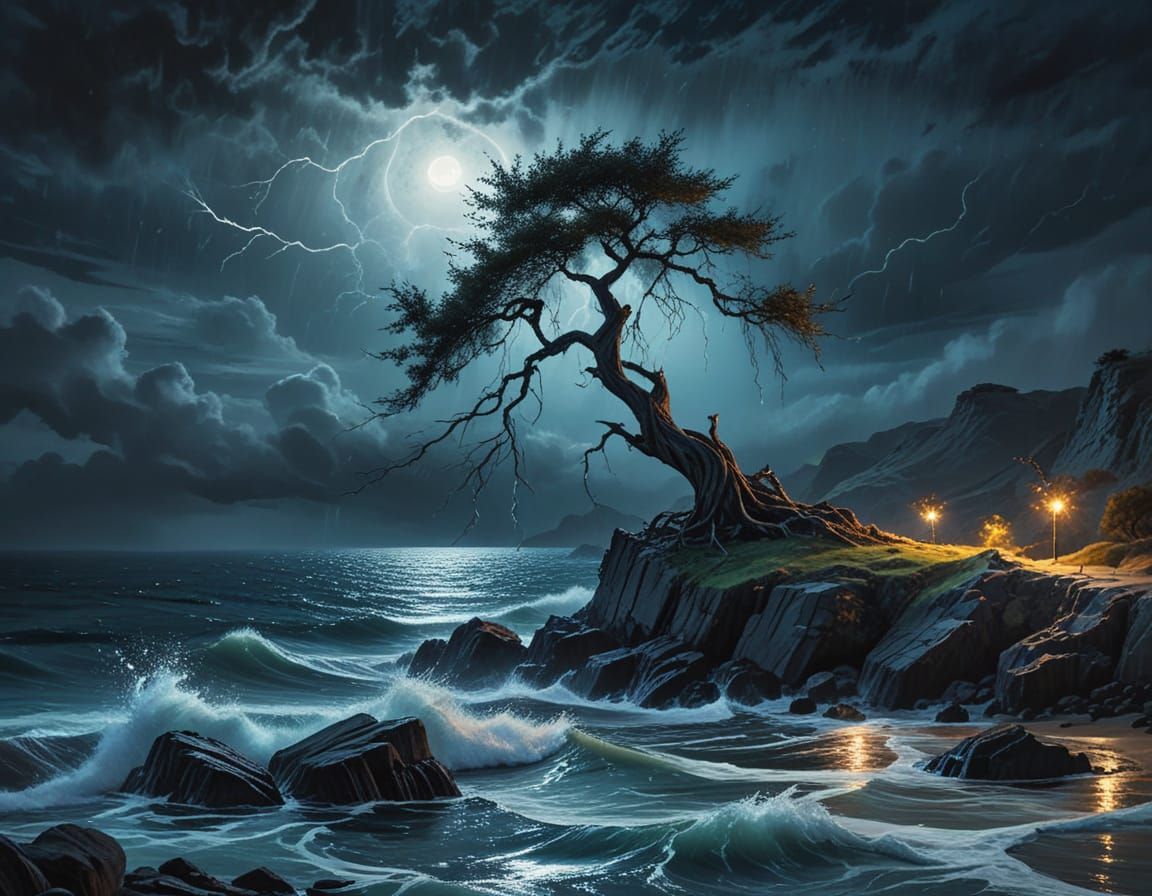 Ancient Willow Tree Overlooking Moonlit Sea