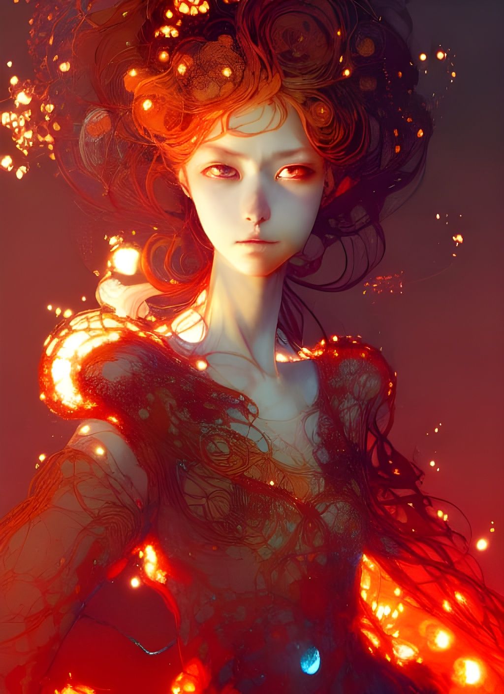 Beautiful Fire Princess Portrait in Watercolor Style