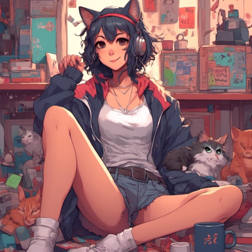 Relaxed Anime Cat Girl with Feline Friends