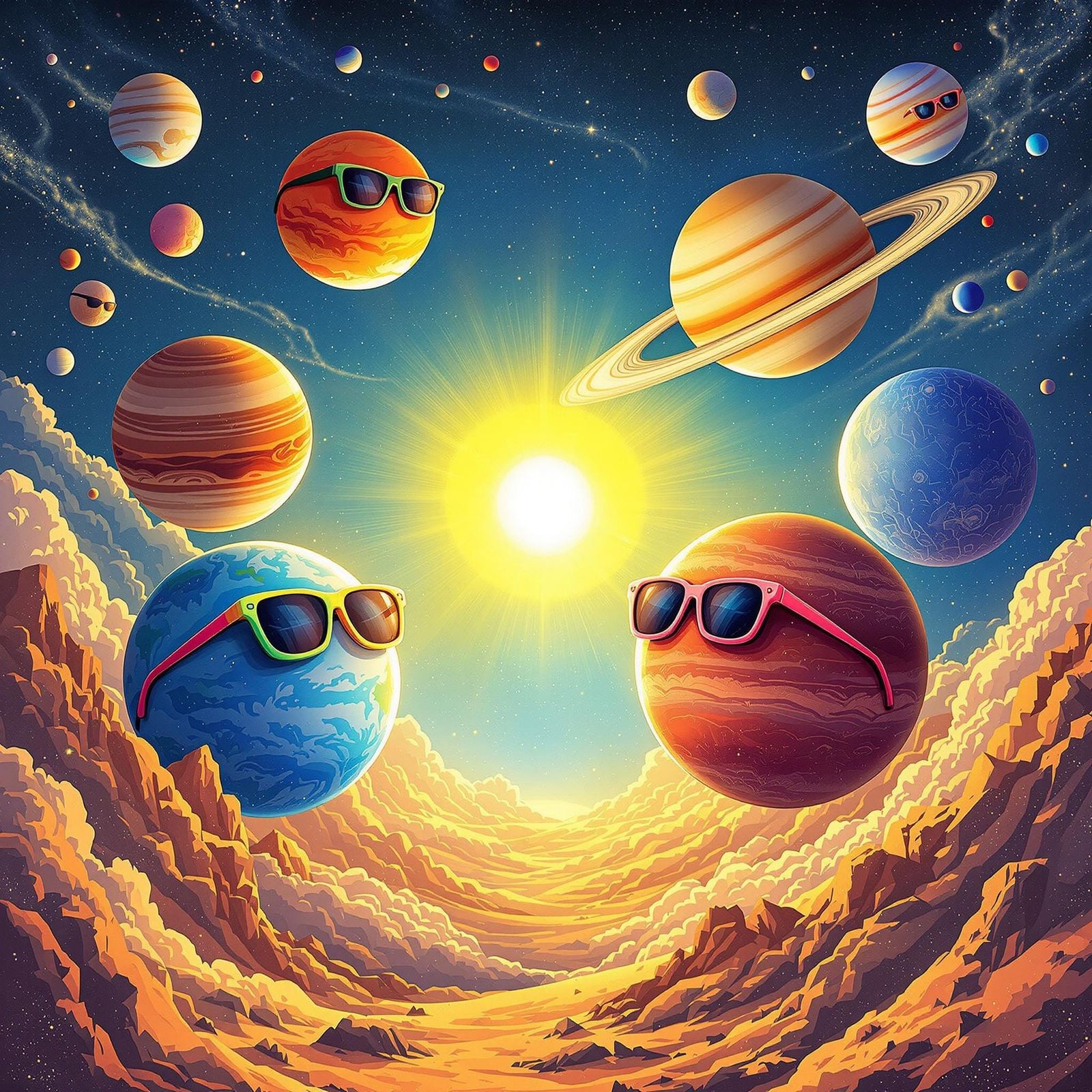 Planets Party with Sunglasses in Surreal Sci-Fi Style